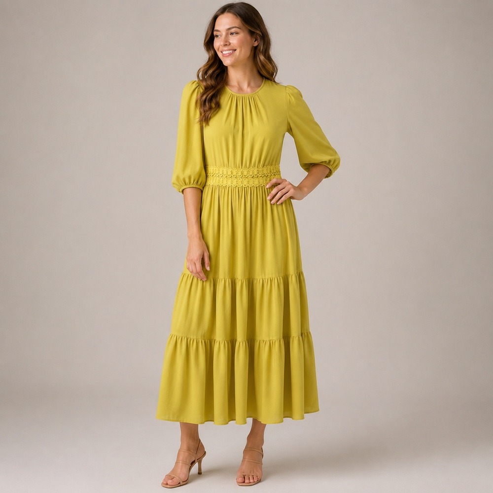 Rachel Parcell Yellow Tiered Midi Dress Small Puff Sleeve Crochet Waist
